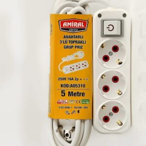 Amiral 3' Lü Topraklı Anahtarlı 5 Metre Kablolu Grup Priz