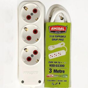 Amiral 3' Lü Topraklı 3 Metre Kablolu Grup Priz